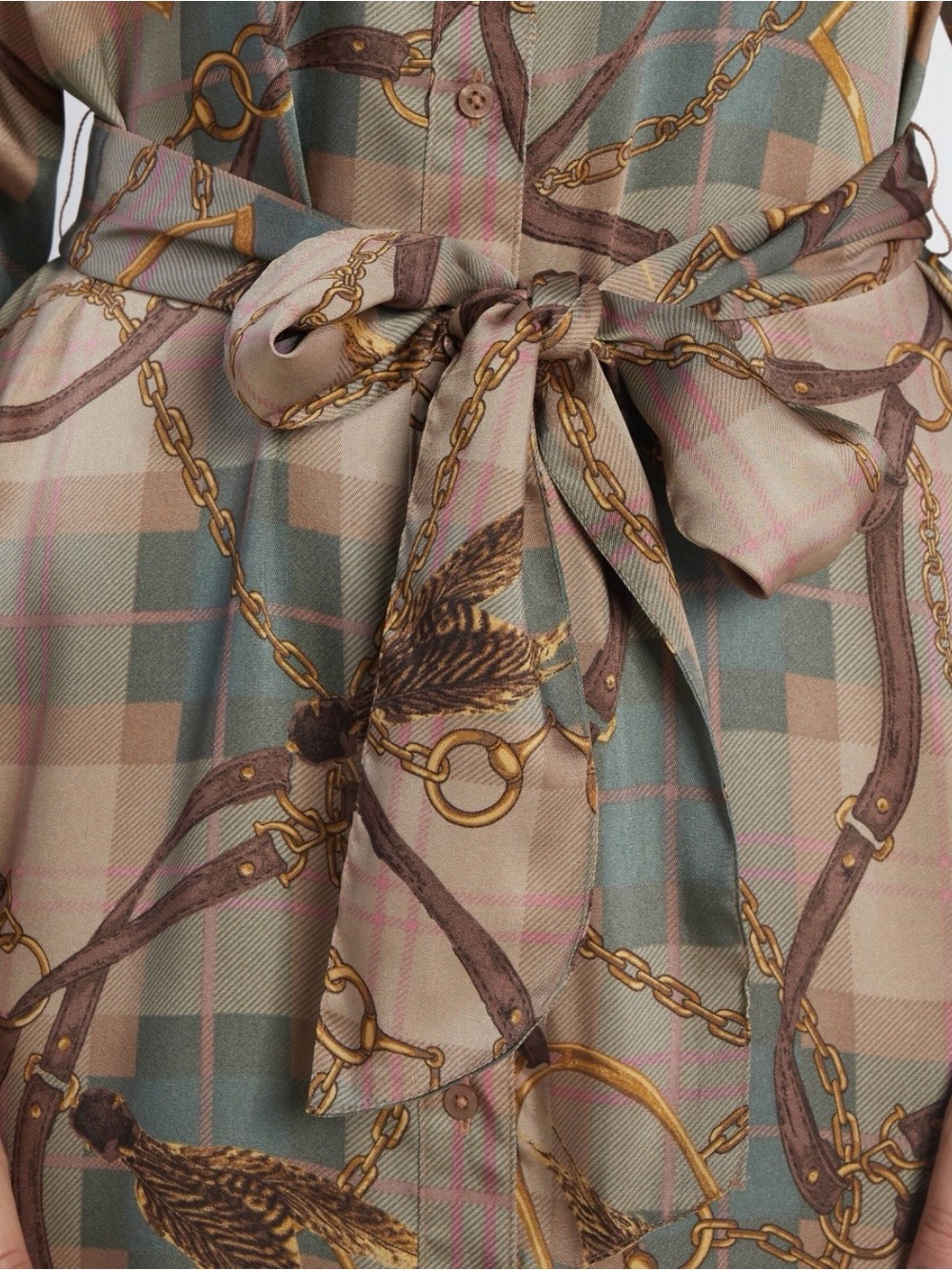 Lauren Ralph Lauren Plaid Chain-Print Blouse in Taupe and Gold